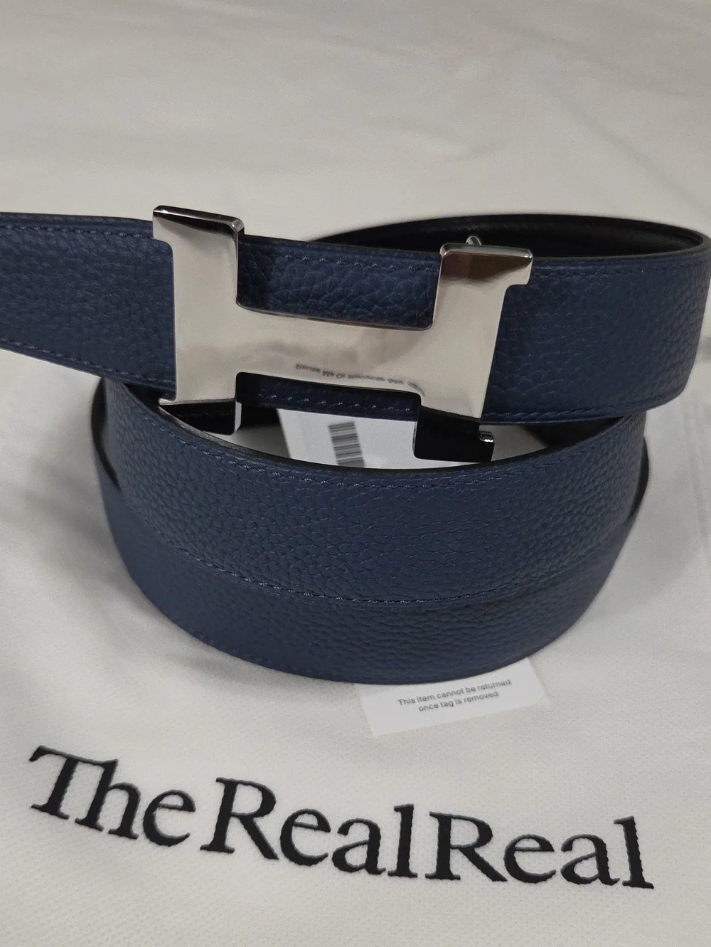 Hermes Reversible Blue & Black Leather Silver H Buckle Belt